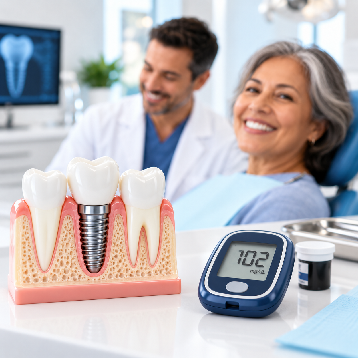 Implant dentar și glucometru într-o clinică stomatologică
